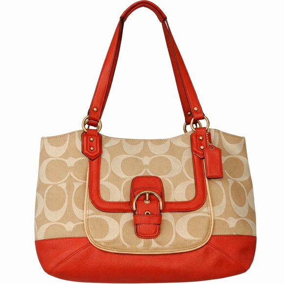Coach Handbags - Coach Campbell Signature Belle Carryall Tote – Khaki & Pomegranate Pink Leather